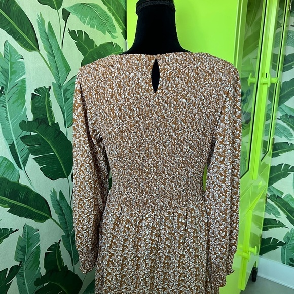 Mustard And White Floral Long Sleeve Smocked Top MIDI Dress L - Picture 5 of 5